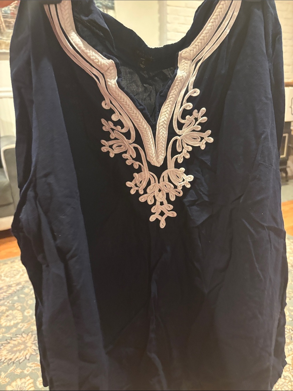 Talbots Navy Tunic with Cream Embroidered V-Neck